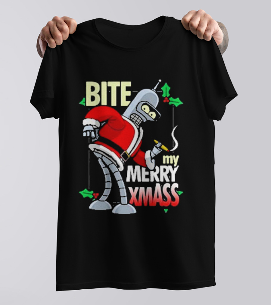Bite My Merry Xmass Santa Robot Smoking Cigar T-Shirt
