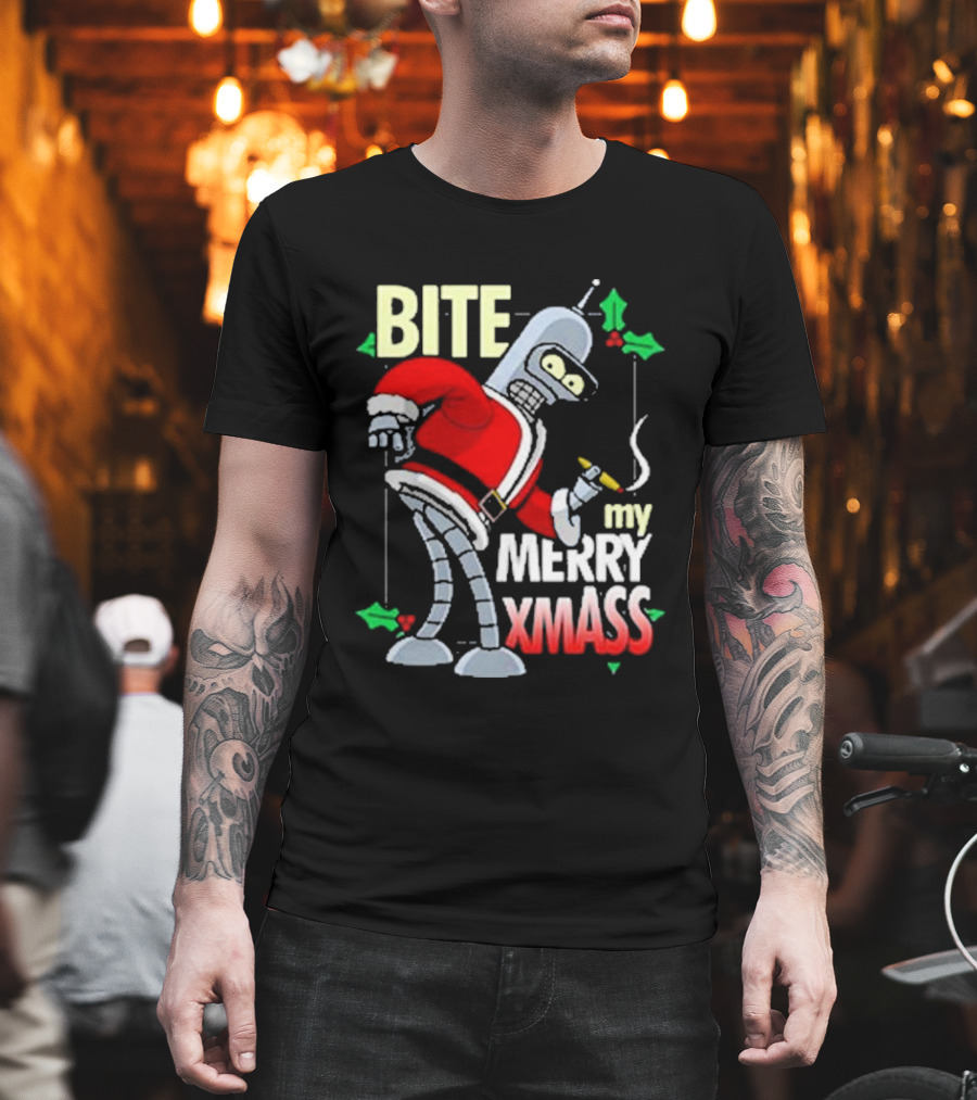 Bite My Merry Xmass Santa Robot Smoking Cigar T-Shirt