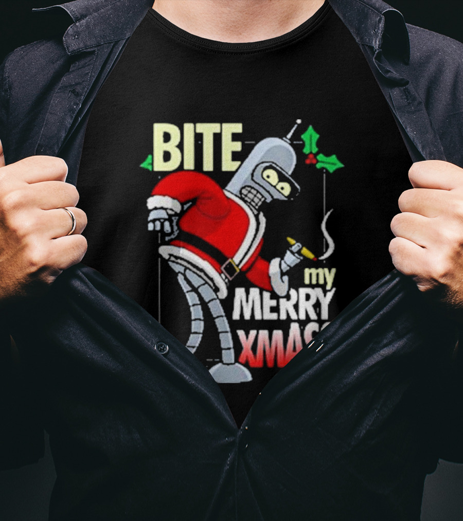 Bite My Merry Xmass Santa Robot Smoking Cigar T-Shirt