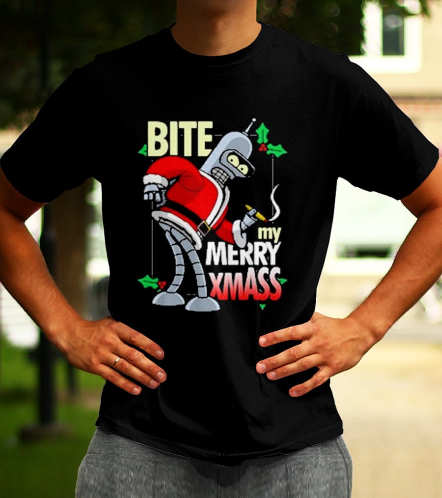 Bite My Merry Xmass Santa Robot Smoking Cigar T-Shirt