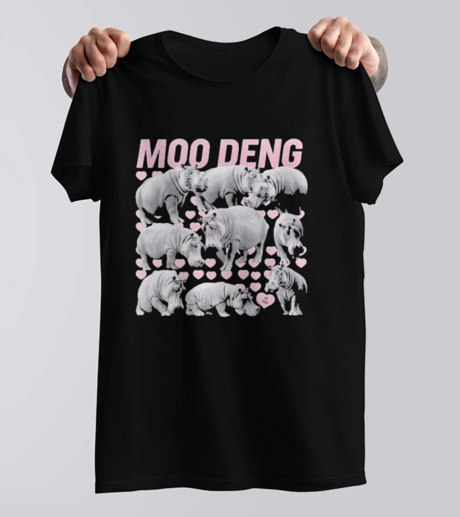 Moo Deng Cute Baby Hippo I Love You Hearts T-Shirt