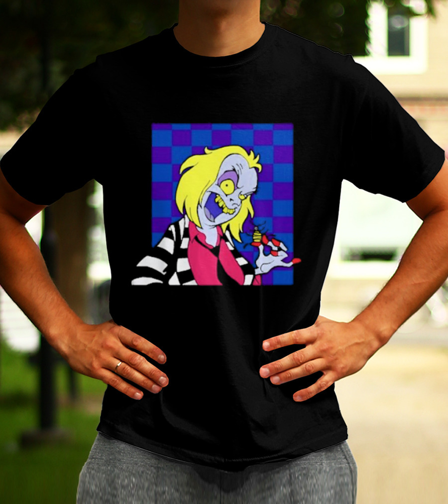 Pan Pizza Beetlejuice Cartoon Checkered Background T-Shirt