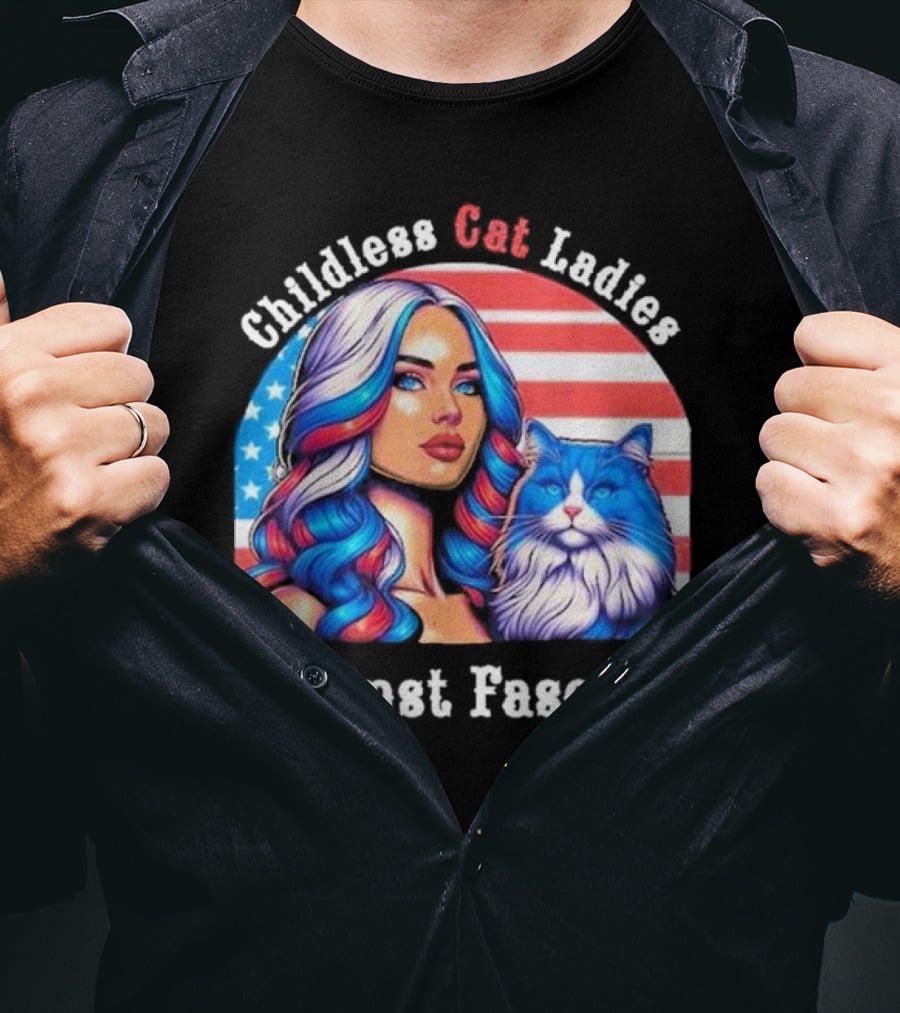 Childless Cat Ladies Against Fascism American Flag Woman And Blue Cat T-Shirt