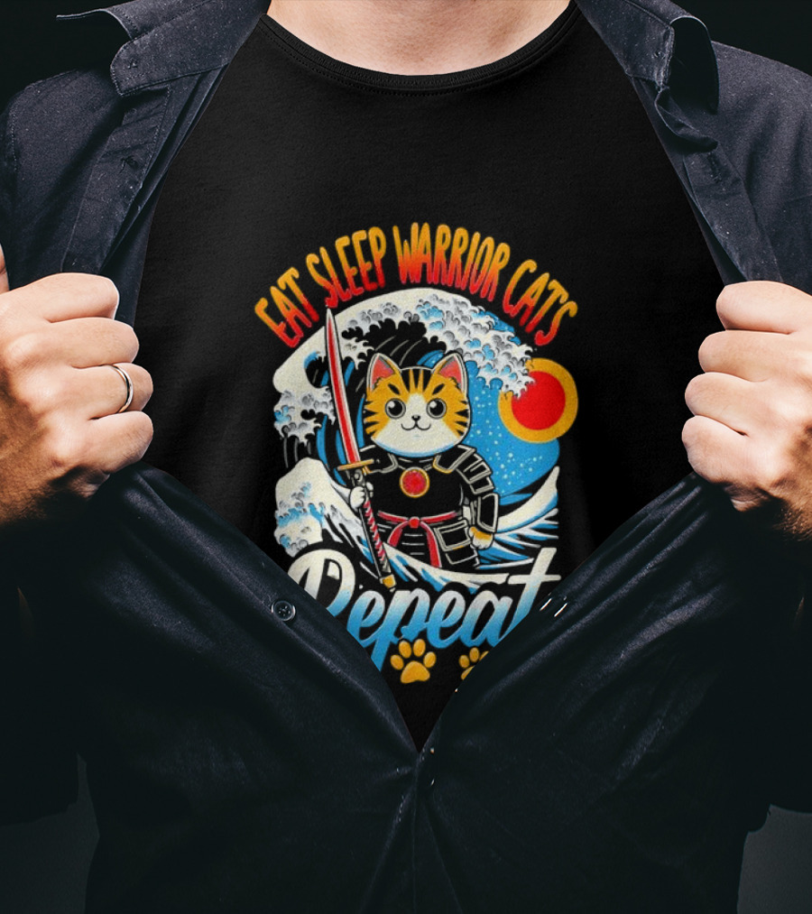 Eat Sleep Warrior Cats Repeat Great Wave Samurai Cat T-Shirt