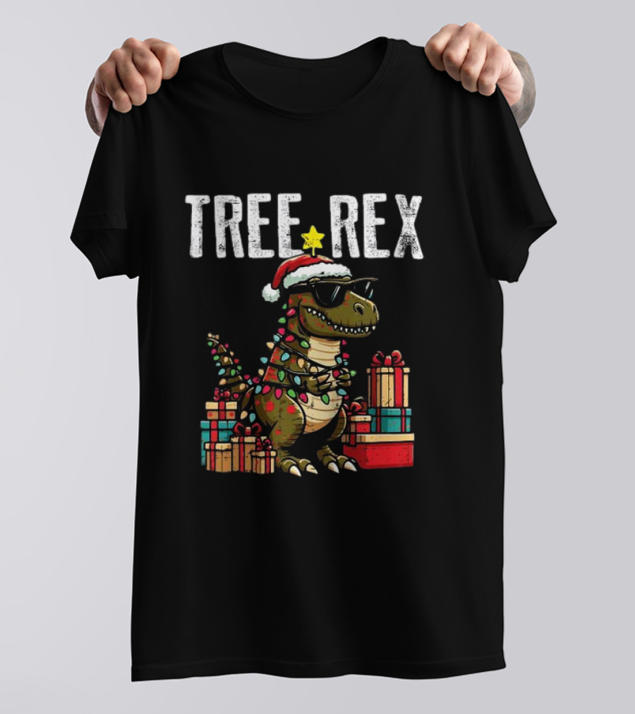 Christmas Dinosaur Tree Rex Xmas Trex Santa Hat And Presents T-Shirt
