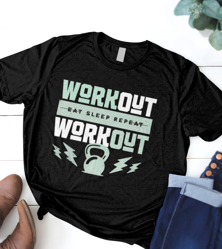 WORKOUT EAT SLEEP REPEAT WORKOUT KETTLEBELL LIGHTNING BOLTS T-Shirt