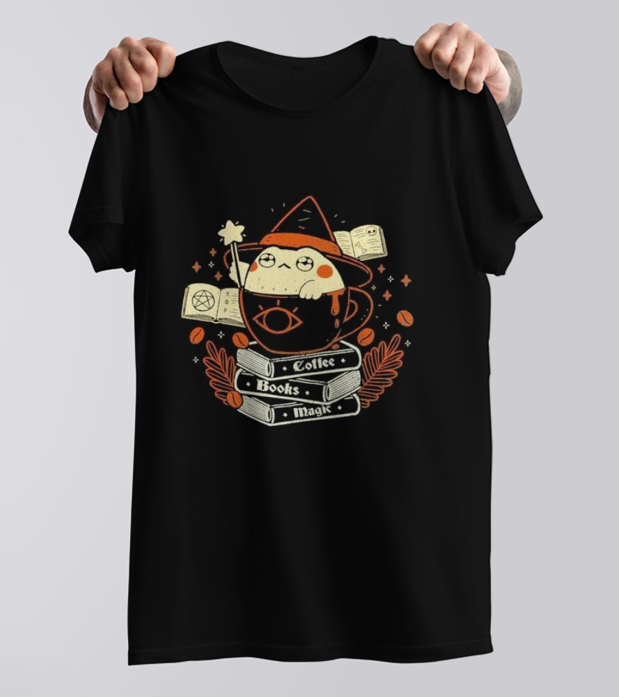 Coffee Books Magic Caffeinated Caster Wizard Tea Cup Enchantment T-Shirt
