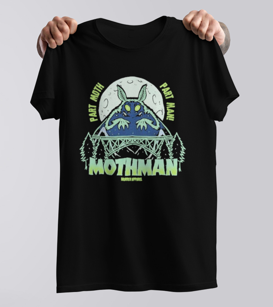 Part Moth Part Man Mothman Retro Murder Apparel Moon Bridge Forest T-Shirt