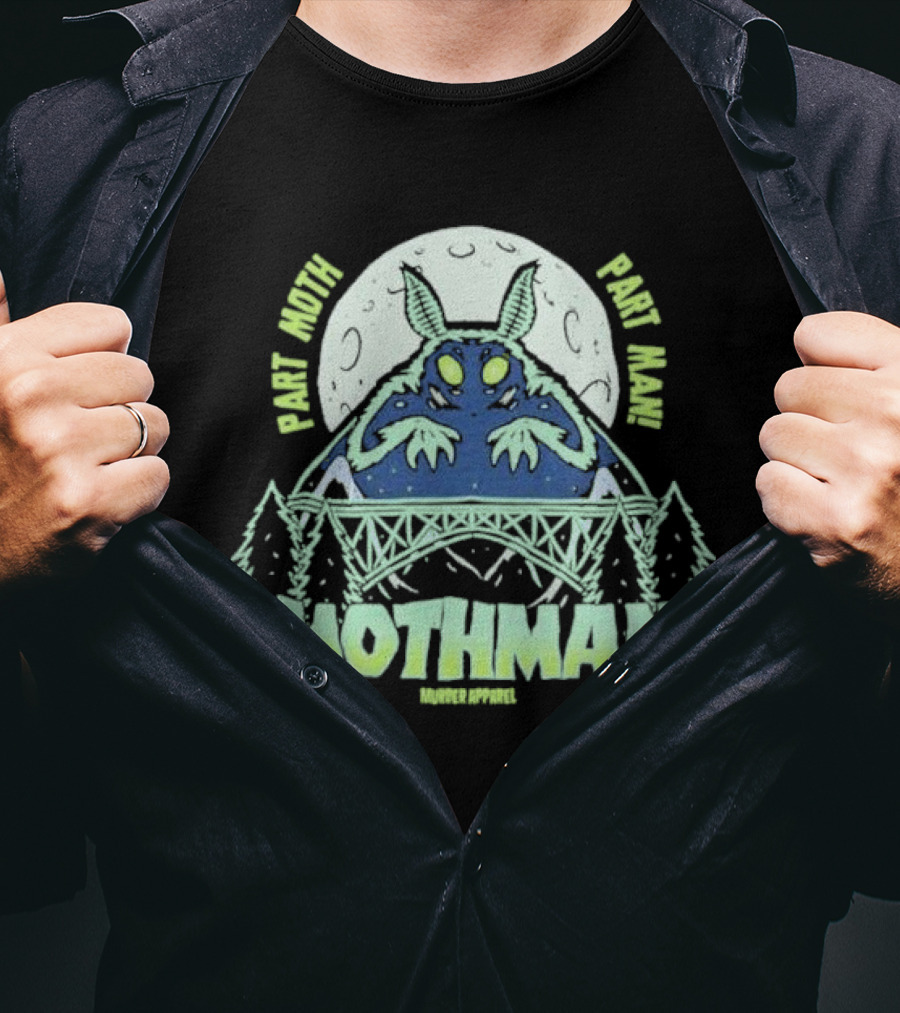 Part Moth Part Man Mothman Retro Murder Apparel Moon Bridge Forest T-Shirt