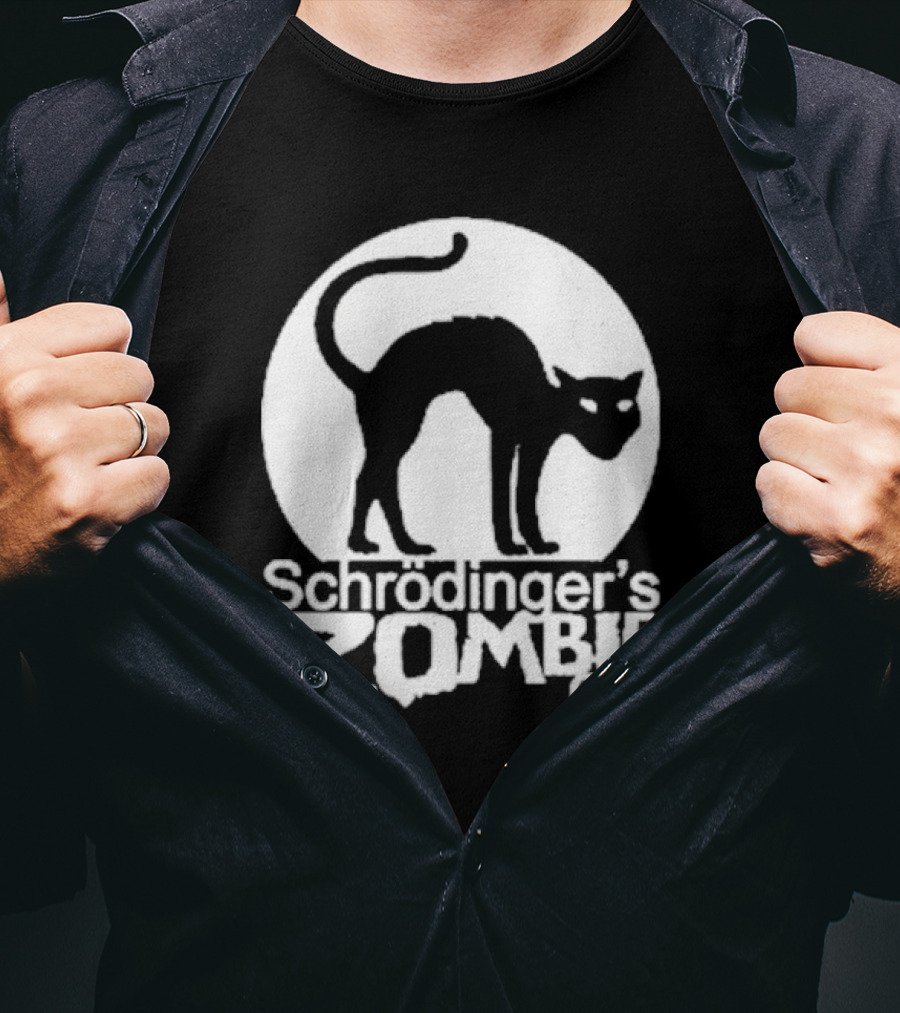 Schrodinger's Zombie Cat Black Silhouette With Round Moon Background T-Shirt