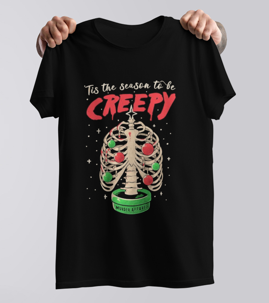 Tis The Season To Be Creepy Murder Apparals Christmas Skeleton Pine Tree T-Shirt
