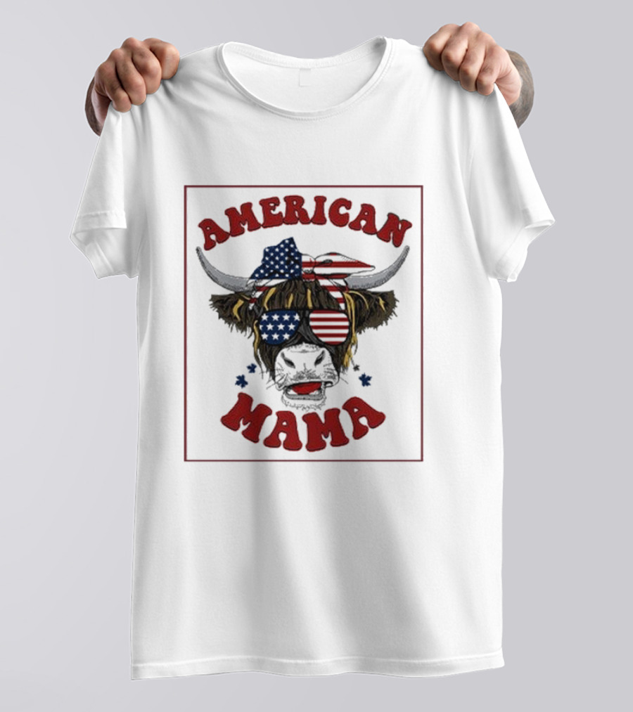 American Mama Cow Patriotic Flag Bandana And Glasses T-Shirt