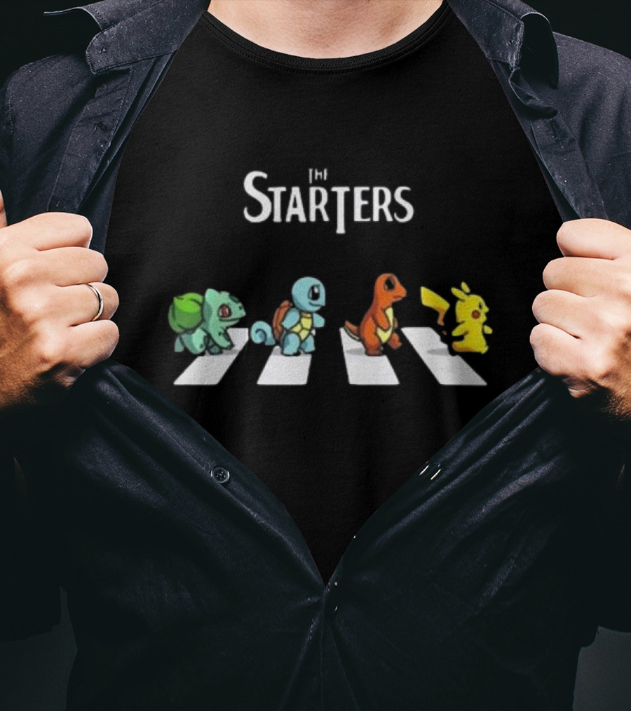The Starters Pokemon Abbey Road Parody With Bulbasaur Squirtle Charmander Pikachu T-Shirt