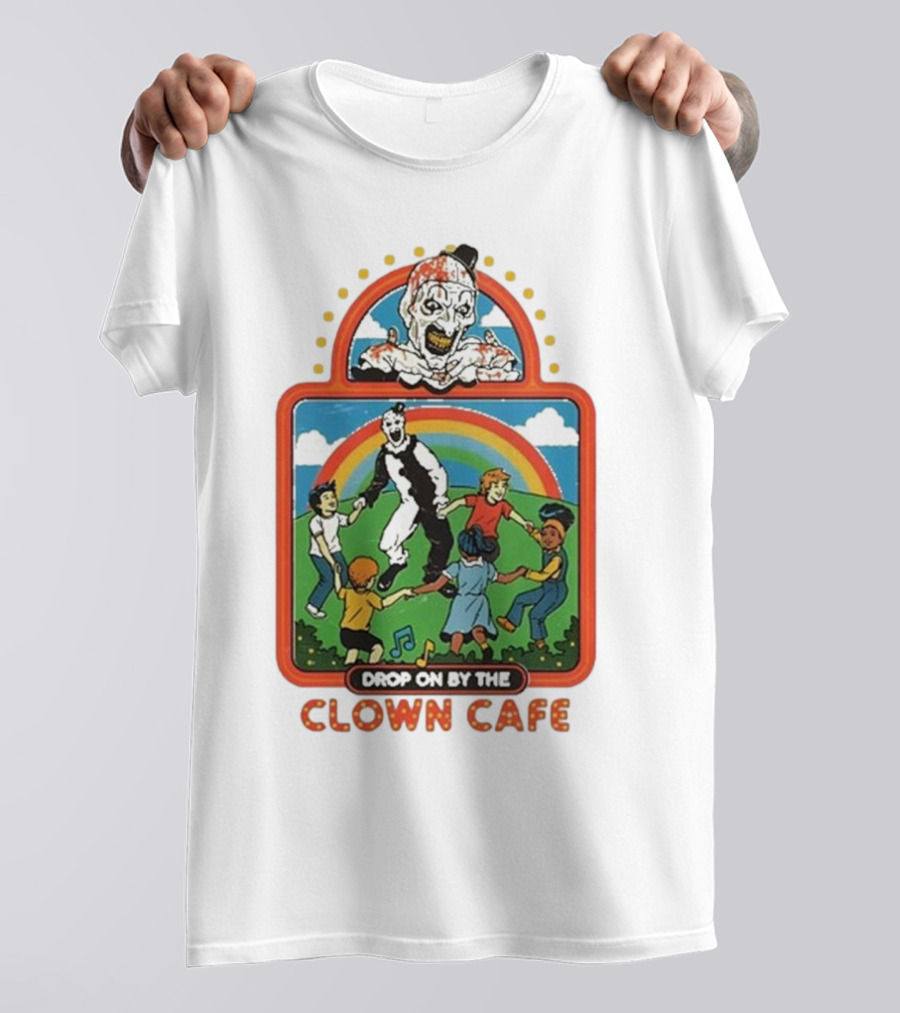 Drop On By The Clown Cafe Rainbow Clown Kids Circle T-Shirt