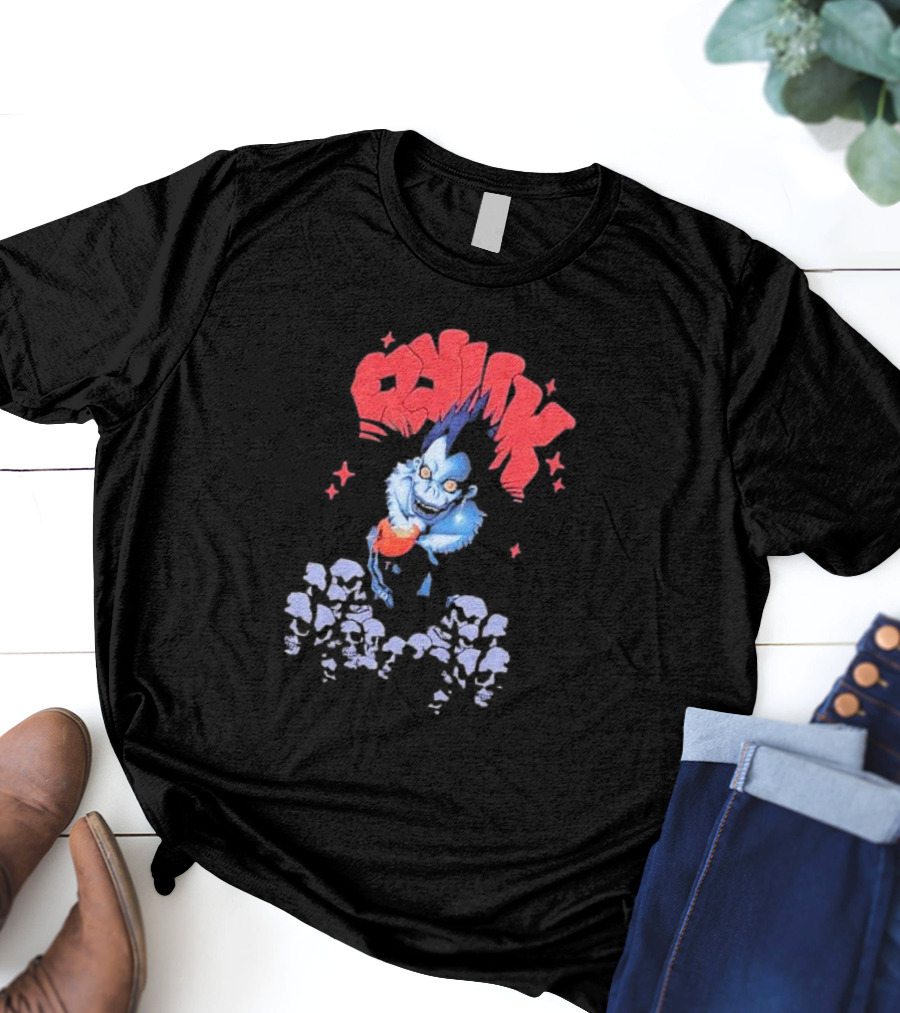 Death Note Ryuk Skull Puff Print Character With Red Spiked Lettering And Skulls T-Shirt
