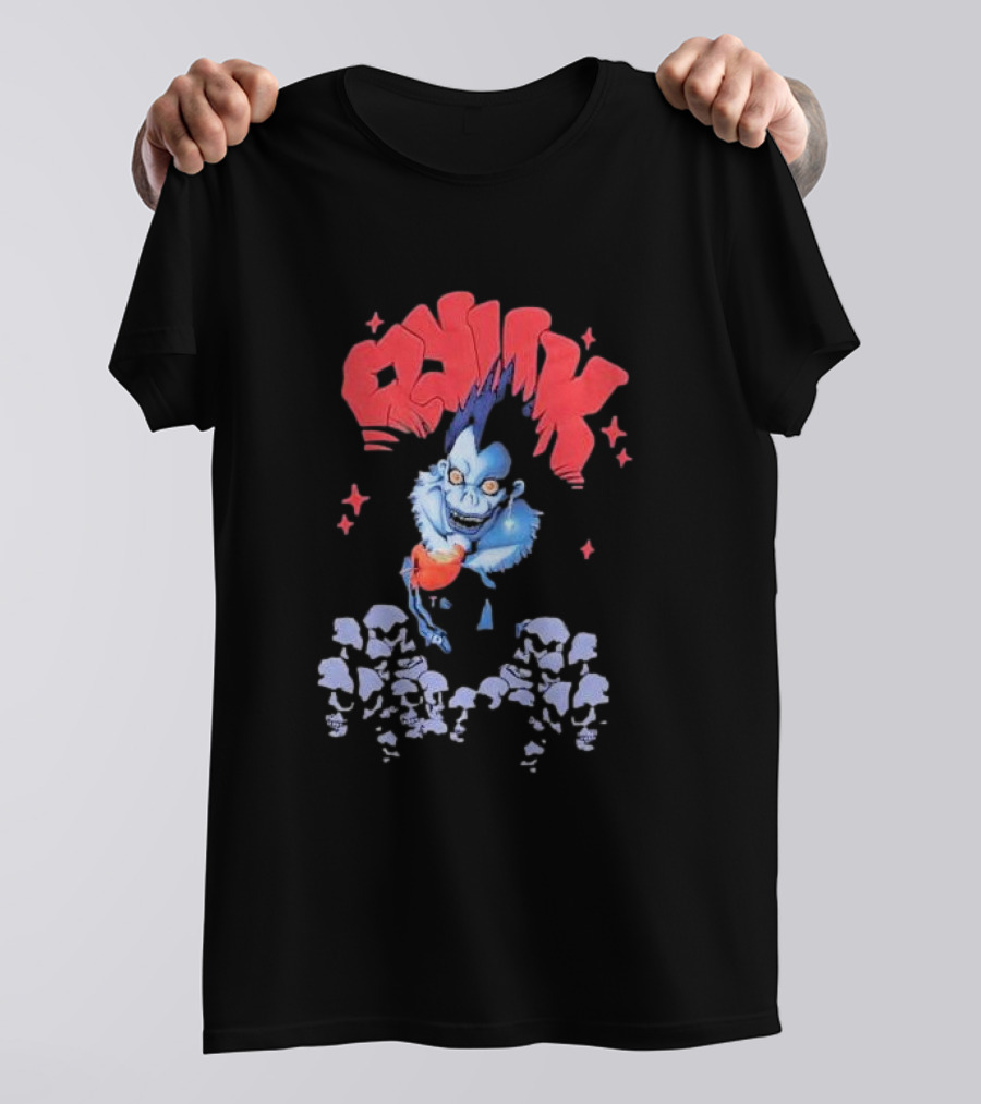 Death Note Ryuk Skull Puff Print Character With Red Spiked Lettering And Skulls T-Shirt