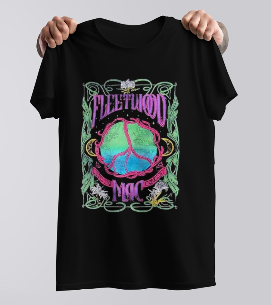 Fleetwood Mac World Peace Live Concert Graphic With Peace Symbol And Floral Motif T-Shirt