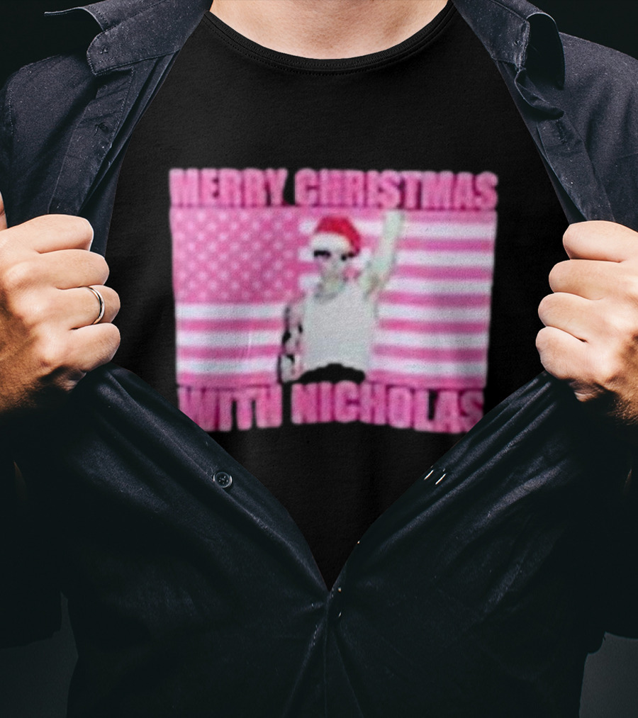Merry Christmas With Nicholas Festive Santa Hat USA Flag T-Shirt