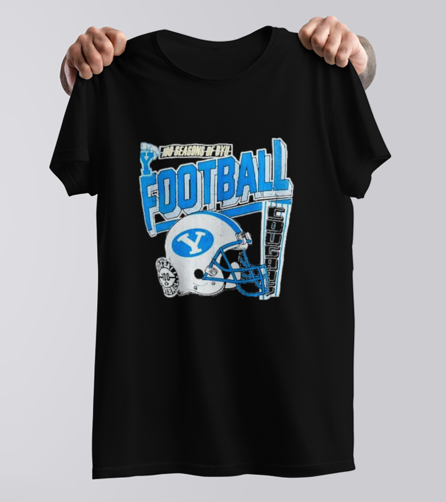 100 Seasons Of BYU Football Cougars Helmet Royal Army Brand T-Shirt
