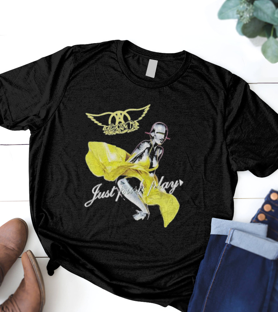 Aerosmith Just Push Play Logo With Futuristic Figure And Yellow Dress T-Shirt
