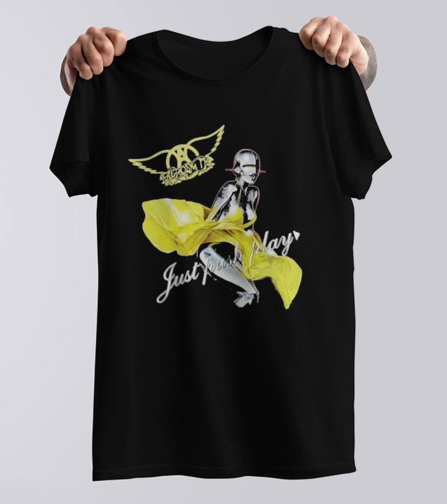 Aerosmith Just Push Play Logo With Futuristic Figure And Yellow Dress T-Shirt