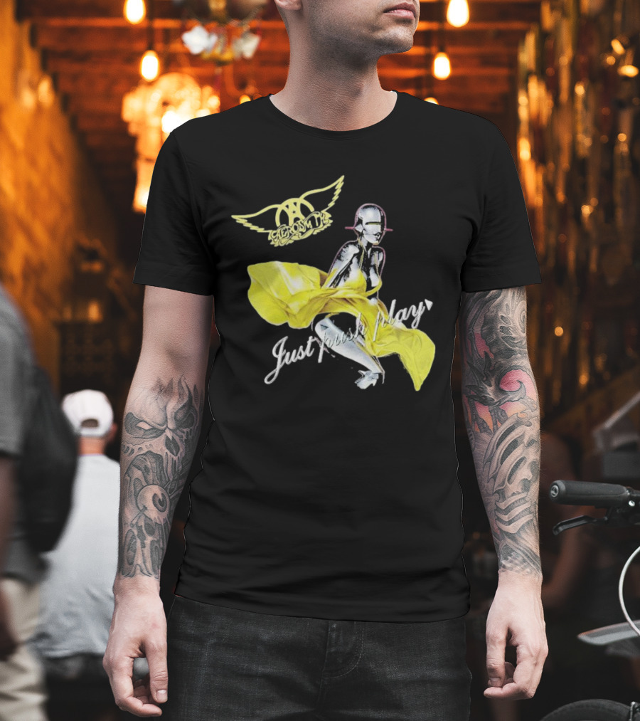 Aerosmith Just Push Play Logo With Futuristic Figure And Yellow Dress T-Shirt
