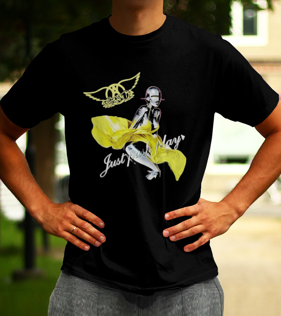 Aerosmith Just Push Play Logo With Futuristic Figure And Yellow Dress T-Shirt