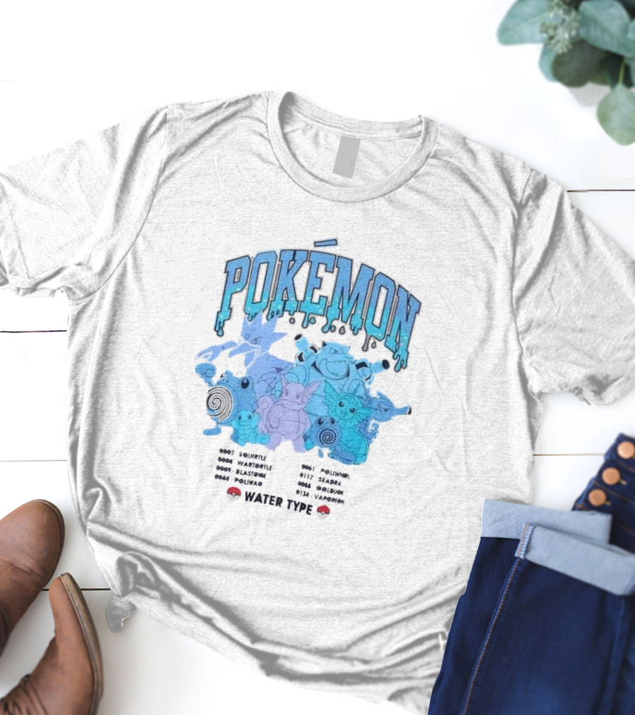 POKEMON Water Type Squirtle Wartortle Blastoise Poliwag Psyduck Golduck Poliwhirl Seadra Vaporeon T-Shirt