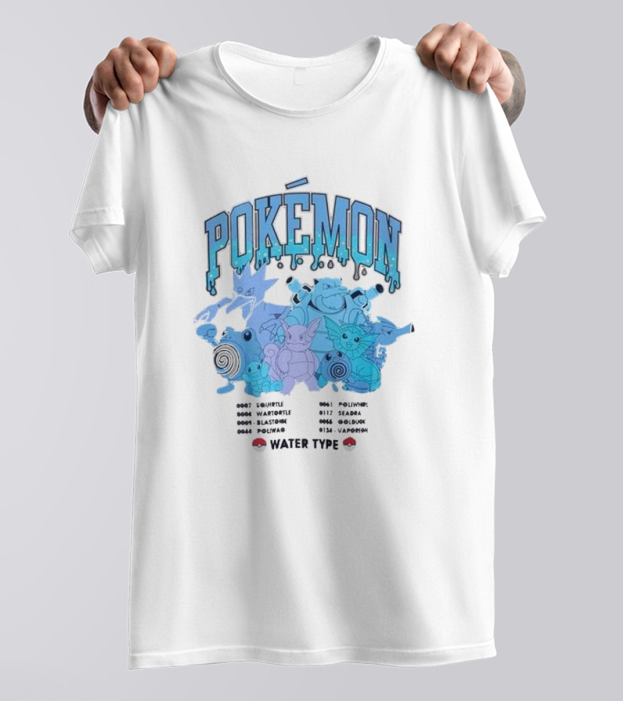 POKEMON Water Type Squirtle Wartortle Blastoise Poliwag Psyduck Golduck Poliwhirl Seadra Vaporeon T-Shirt