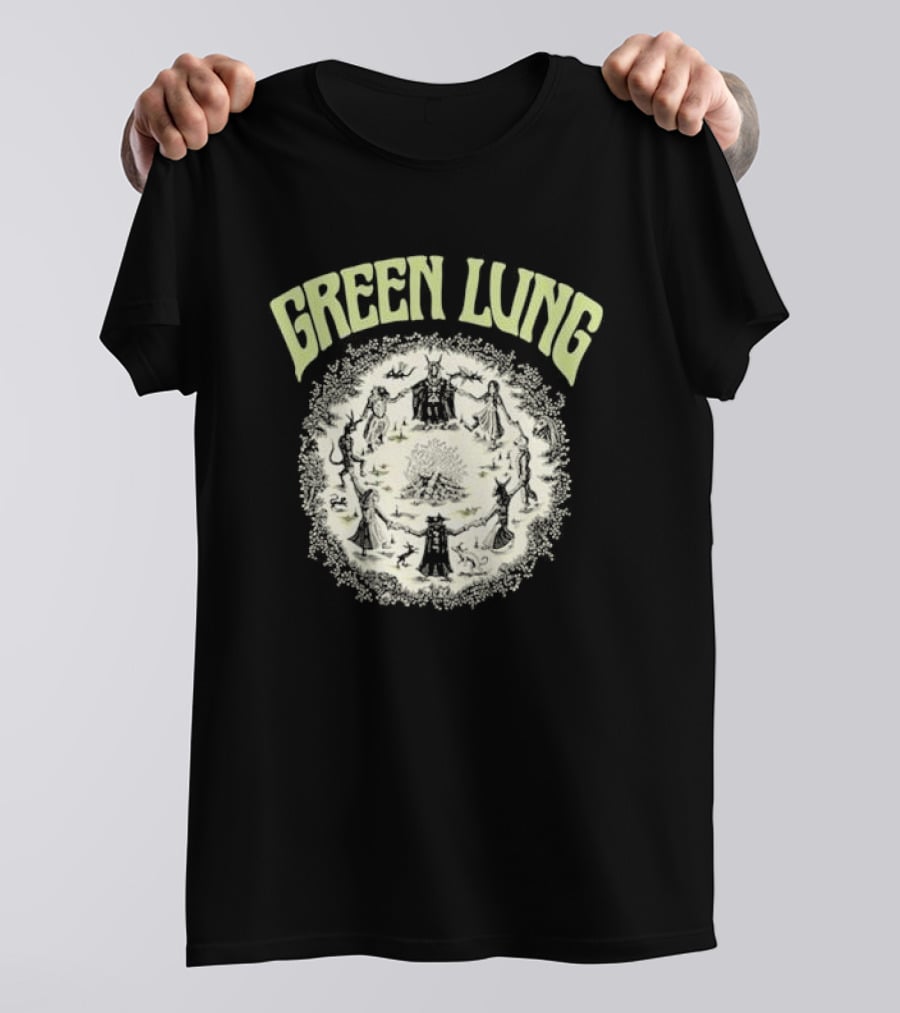 Green Lung Mystic Circle Ritual Scene With Figures And Central Fire T-Shirt