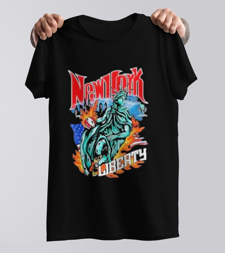 New York Liberty Statue Of Liberty With Flames And American Flag Basketball T-Shirt