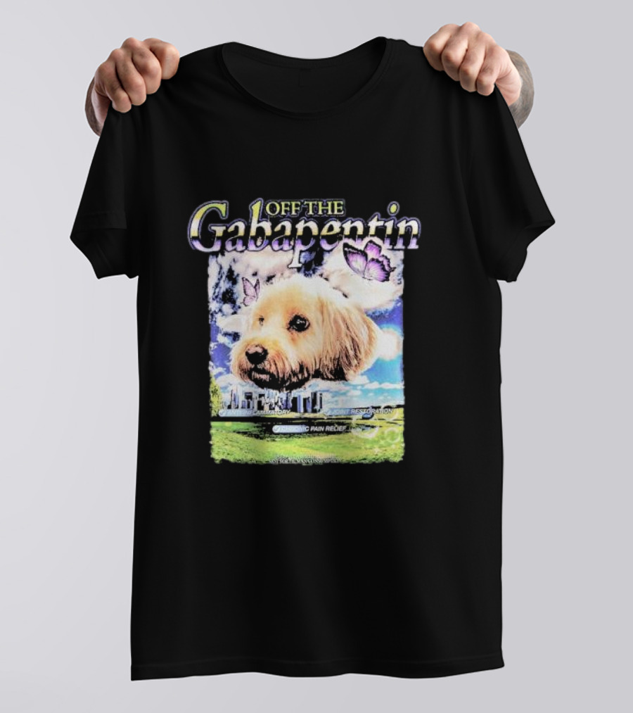 Off The Gabapentin Dog Floating Above Clouds And Stonehenge With Butterflies T-Shirt