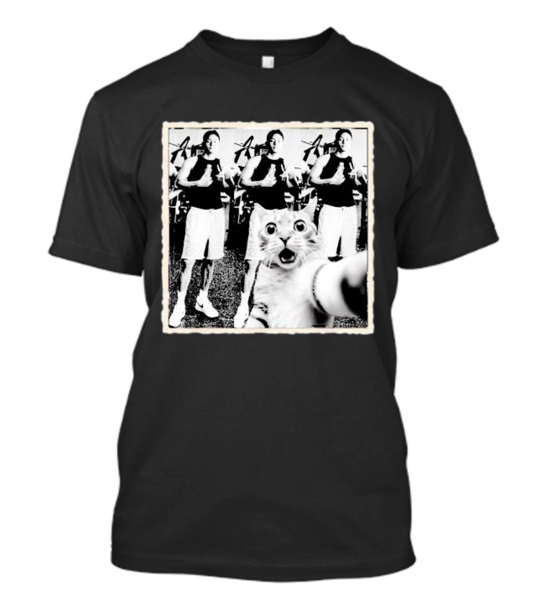Cat Selfie With Taehyung Sasquatch And Cat Black And White Duplicate Thumbs Up T-Shirt