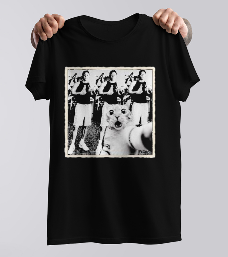 Cat Selfie With Taehyung Sasquatch And Cat Black And White Duplicate Thumbs Up T-Shirt