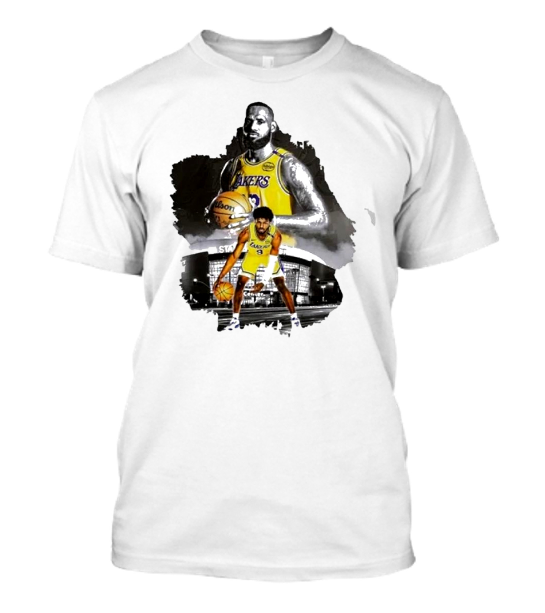 Lebron James Lakers Basketball Star In Action With Los Angeles Stadium Background T-Shirt
