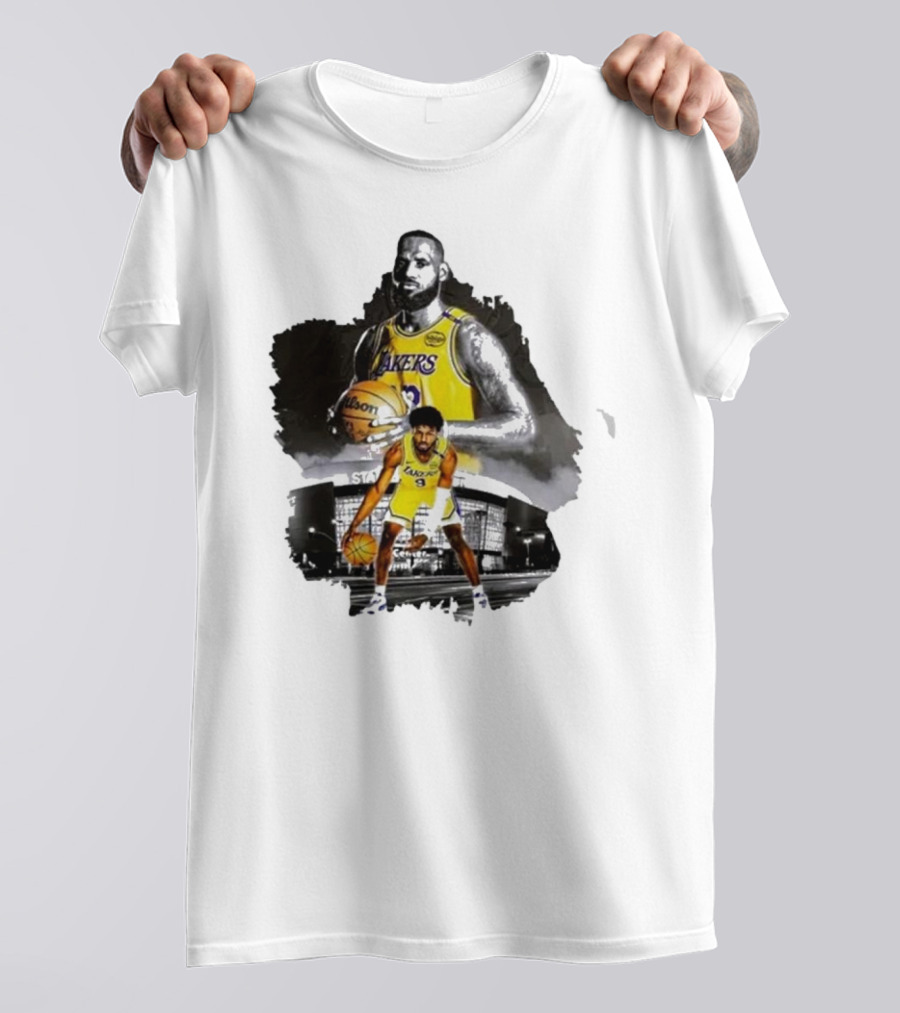 Lebron James Lakers Basketball Star In Action With Los Angeles Stadium Background T-Shirt