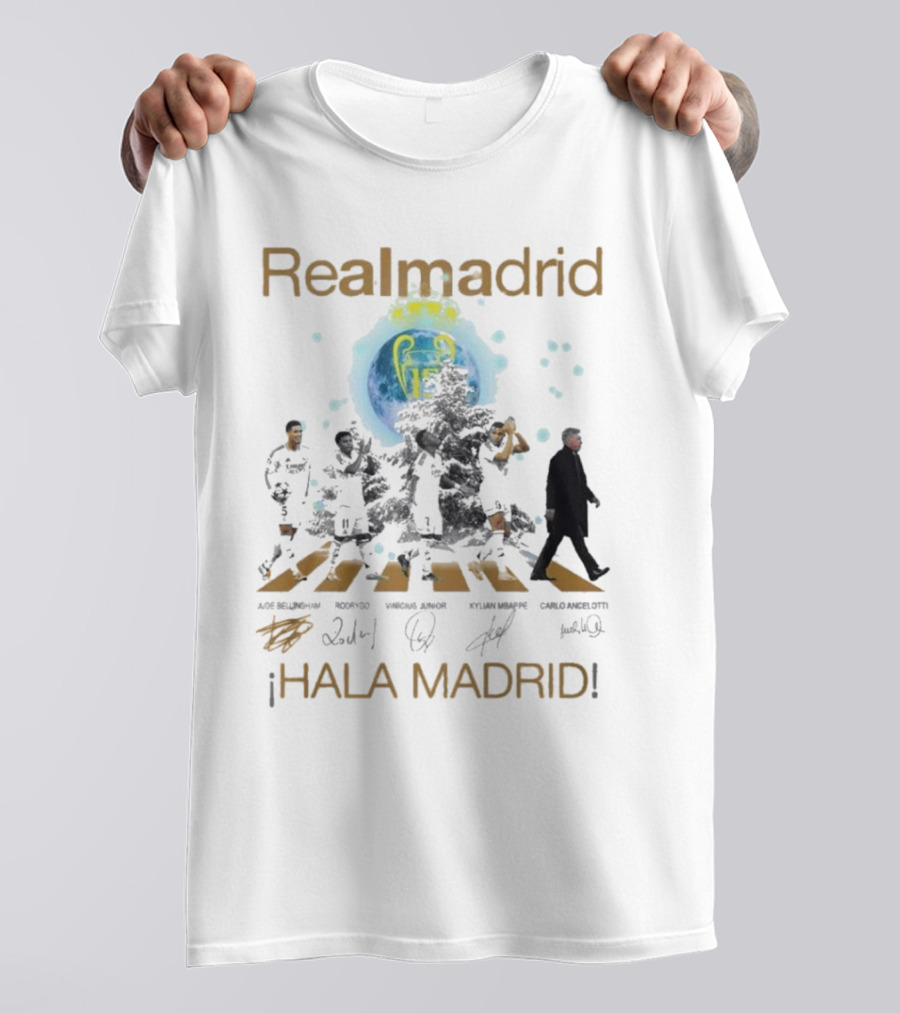 Real Madrid Hala Madrid Jude Bellingham Rodrygo Vinicius Junior Kylian Mbappe Carlo Ancelotti Signatures T-Shirt