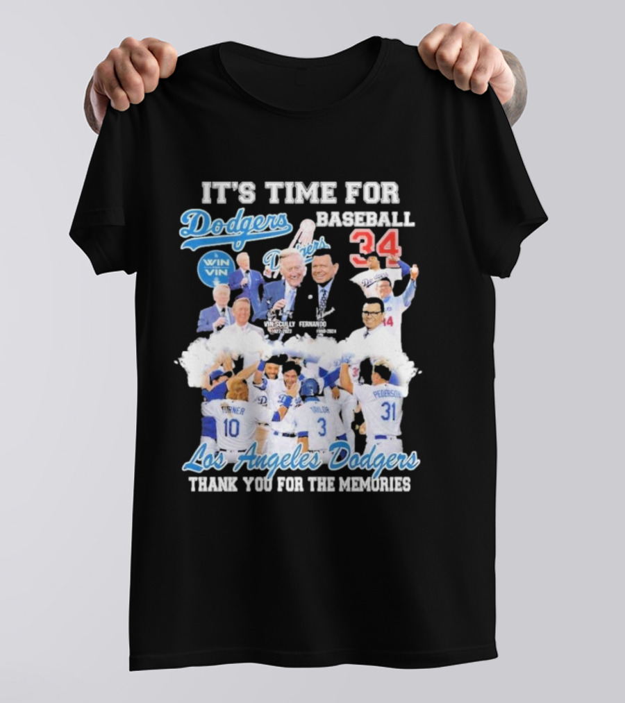 IT'S TIME FOR BASEBALL LOS ANGELES DODGERS VIN SCULLY FERNANDO VALENZUELA 34 THANK YOU FOR THE MEMORIES T-Shirt