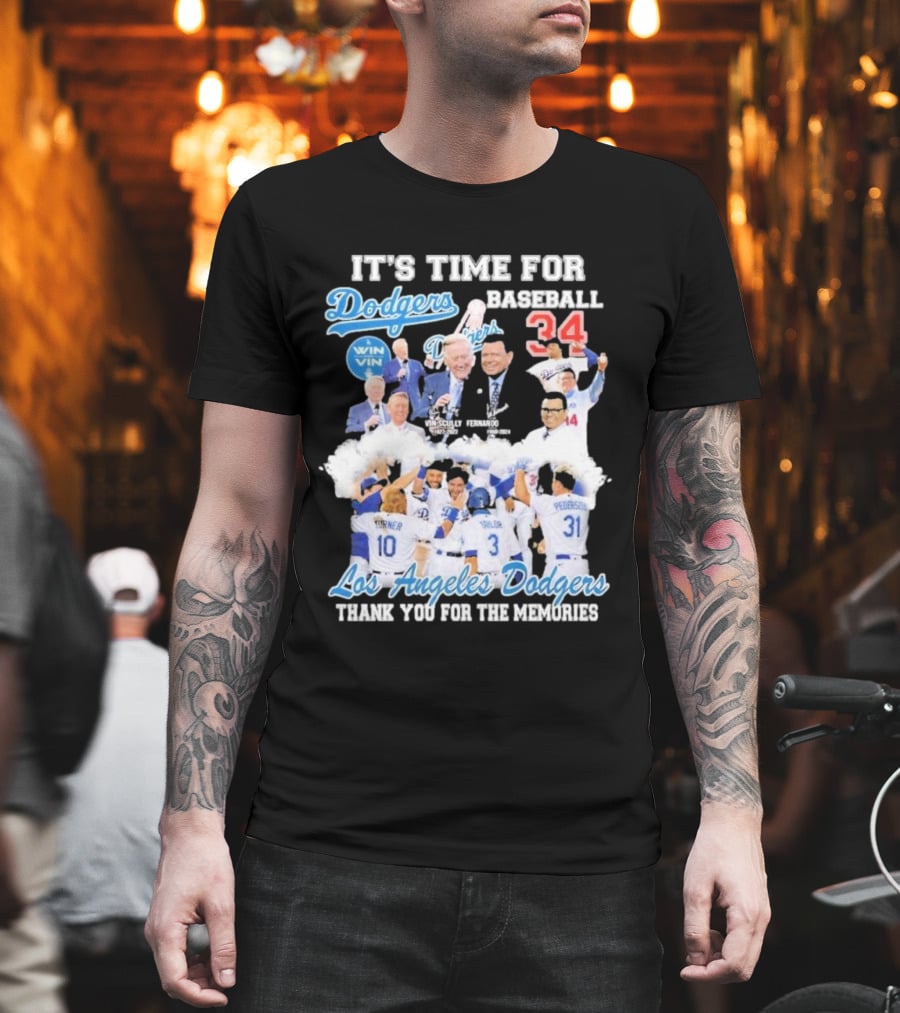 IT'S TIME FOR BASEBALL LOS ANGELES DODGERS VIN SCULLY FERNANDO VALENZUELA 34 THANK YOU FOR THE MEMORIES T-Shirt