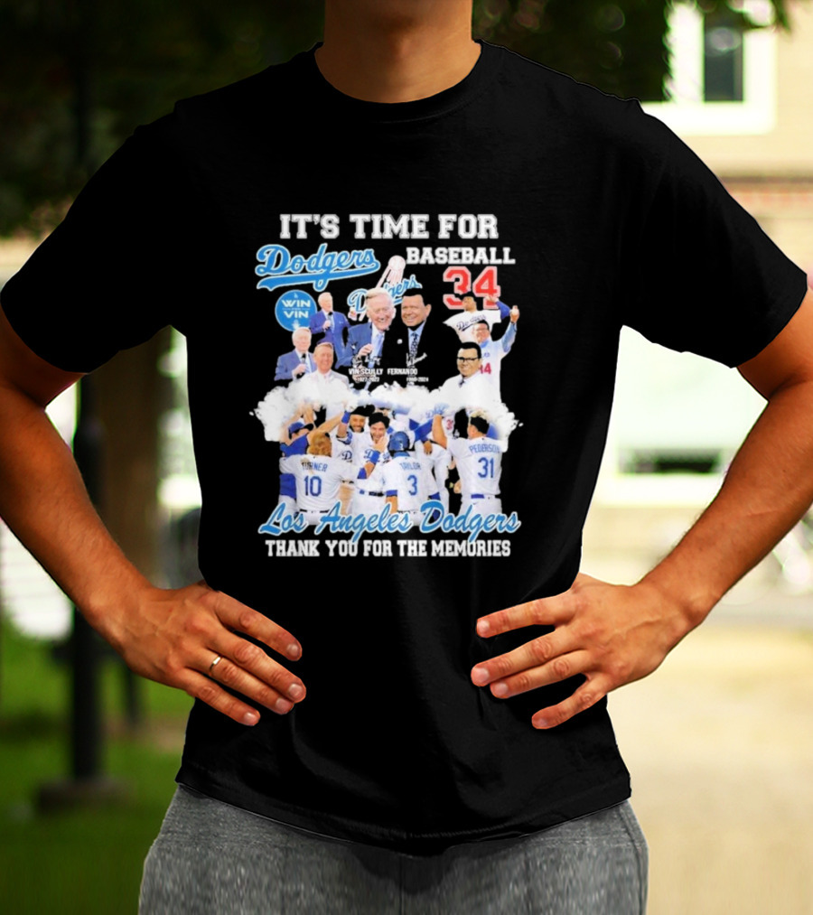 IT'S TIME FOR BASEBALL LOS ANGELES DODGERS VIN SCULLY FERNANDO VALENZUELA 34 THANK YOU FOR THE MEMORIES T-Shirt