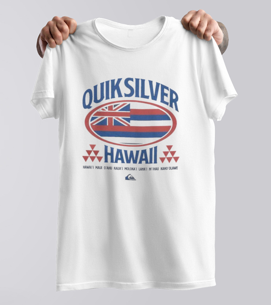 Quiksilver Hawaii Flag Design With Island Names - Hawai'i Maui O'ahu Kaua'i Moloka'i Lana'i Ni'ihau Kaho'olawe T-Shirt