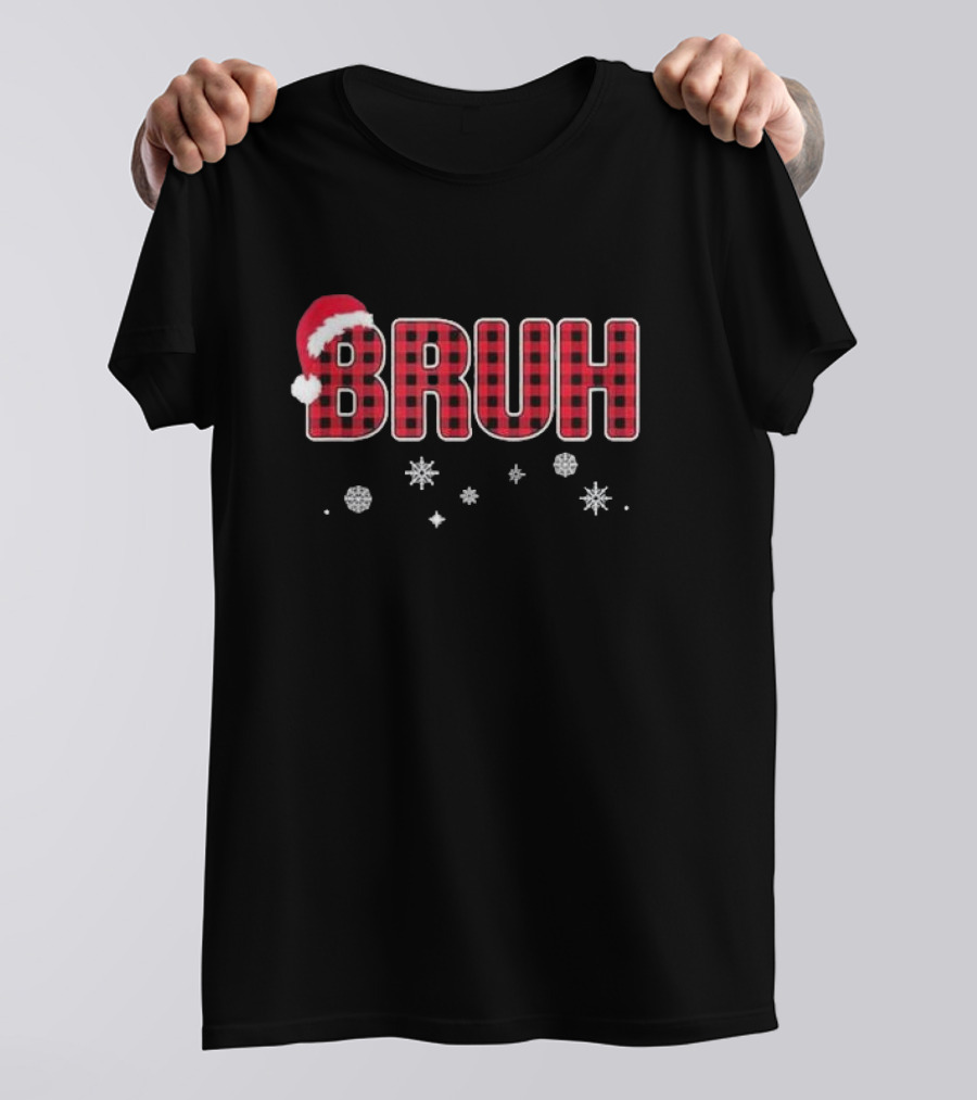 Bruh Christmas Pajamas Kids Teens Boys Red Plaid Santa Hat Snowflakes T-Shirt