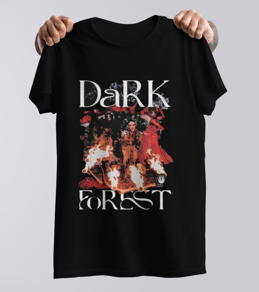 Dark Forest Illuminated Figure And Flames Quixotic X Made Mobb T-Shirt