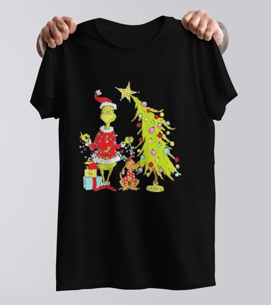 Grinch Christmas Tree With Santa Hat And Max By Presents T-Shirt