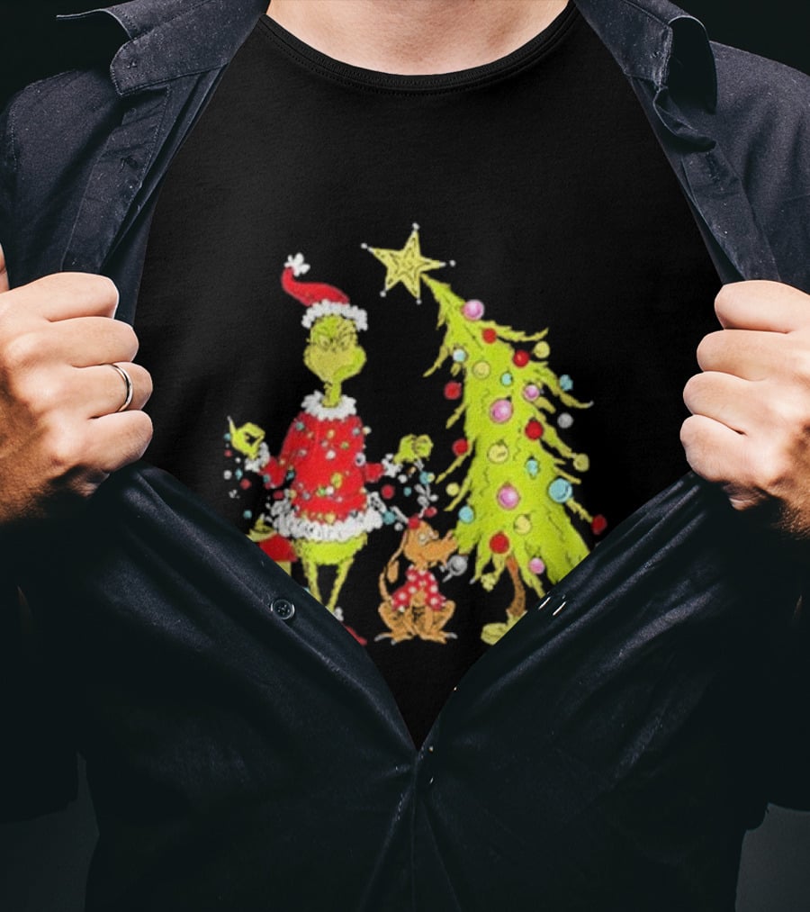 Grinch Christmas Tree With Santa Hat And Max By Presents T-Shirt
