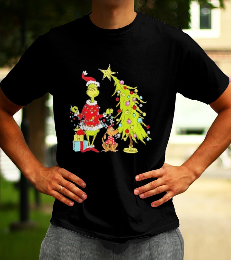 Grinch Christmas Tree With Santa Hat And Max By Presents T-Shirt