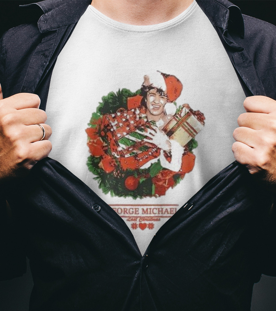 GEORGE MICHAEL LAST CHRISTMAS SANTA HAT WREATH T-Shirt
