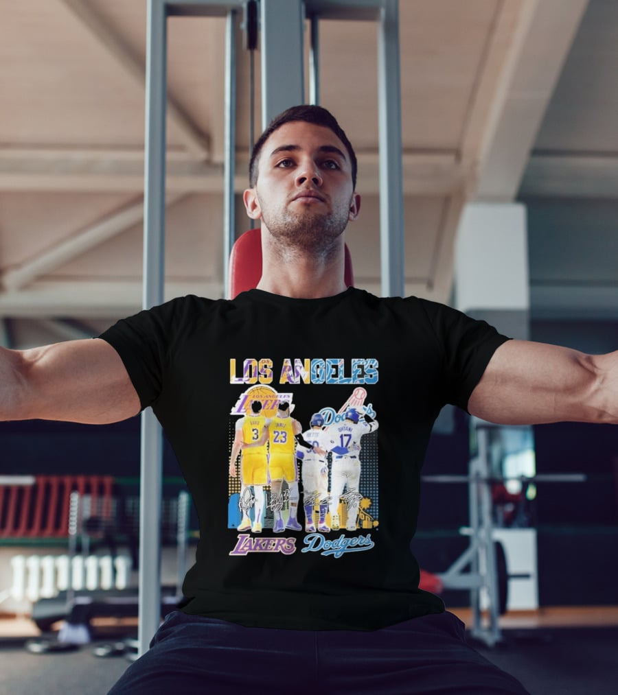 Los Angeles Lakers Dodgers LeBron James Anthony Davis Mookie Betts Freddie Freeman Signatures T-Shirt