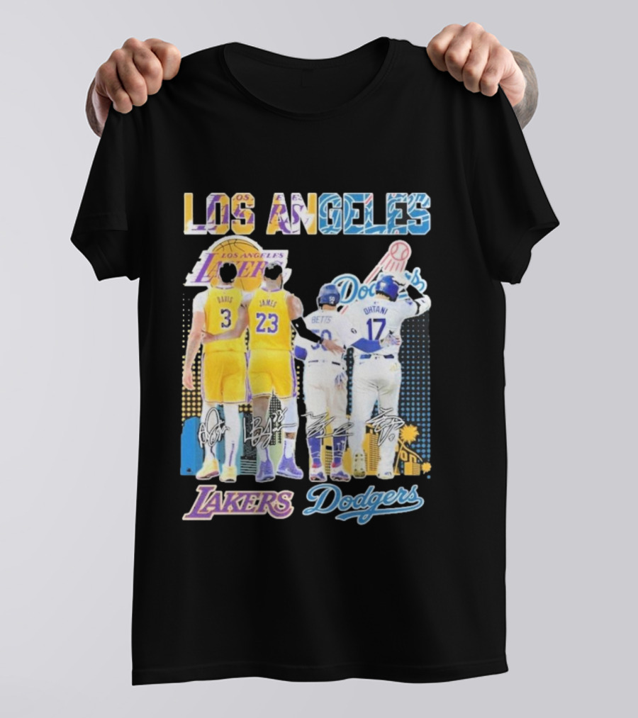 Los Angeles Lakers Dodgers LeBron James Anthony Davis Mookie Betts Freddie Freeman Signatures T-Shirt
