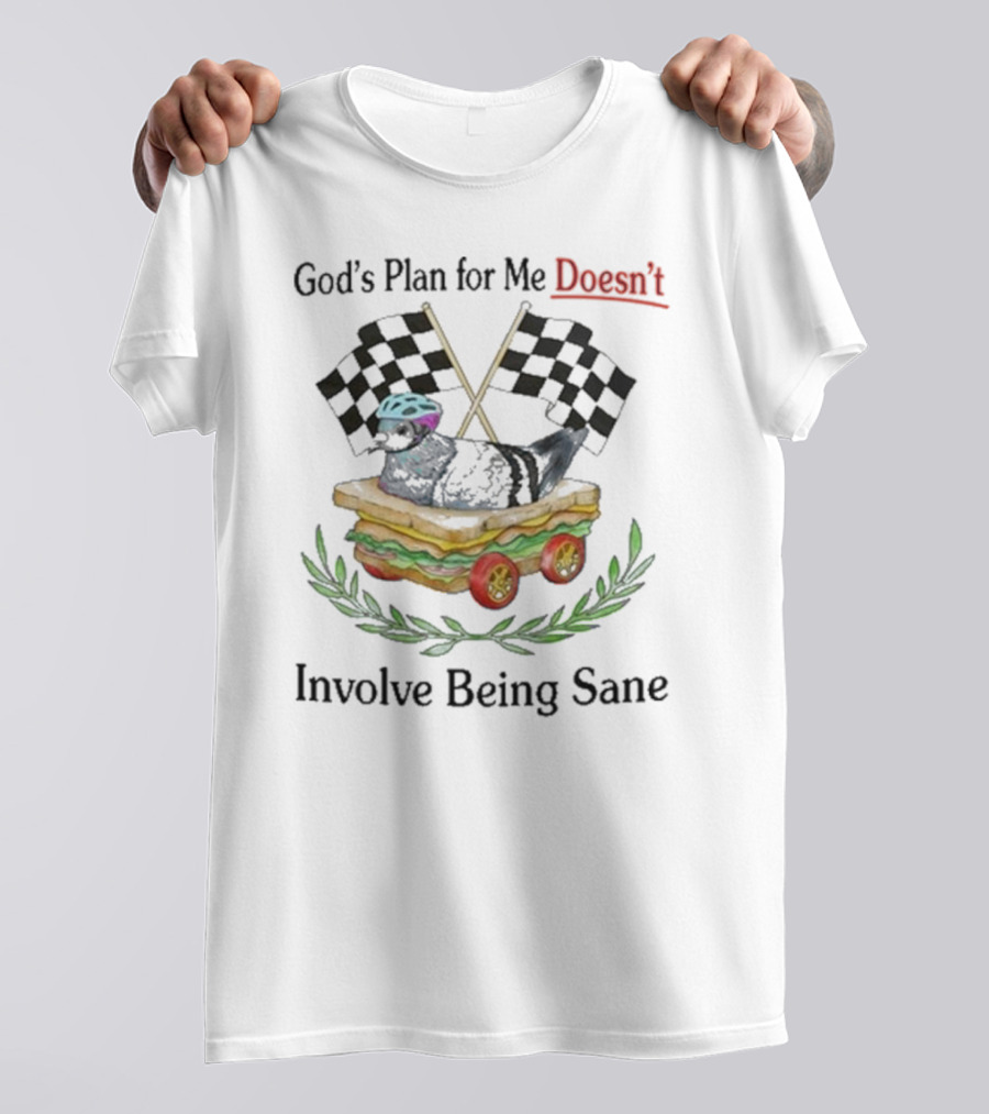 God's Plan For Me Doesn’t Involve Being Sane Pigeon Sandwich Racing Wheels Checkered Flags T-Shirt